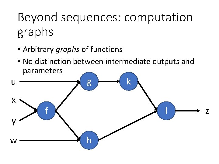 Beyond sequences: computation graphs u x y w • Arbitrary graphs of functions •
