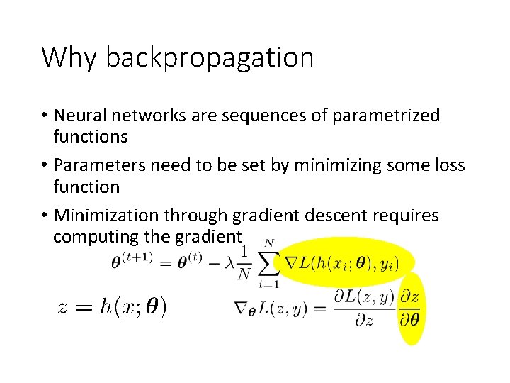 Why backpropagation • Neural networks are sequences of parametrized functions • Parameters need to