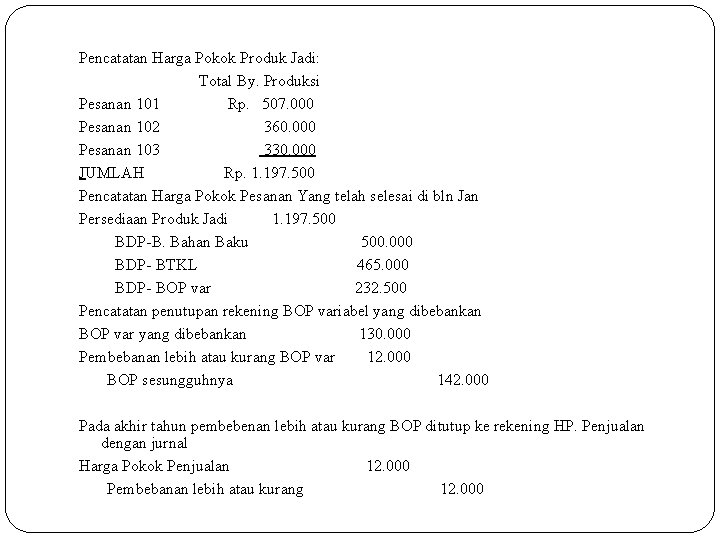 Pencatatan Harga Pokok Produk Jadi: Total By. Produksi Pesanan 101 Rp. 507. 000 Pesanan Pencatatan Harga Pokok Produk Jadi: Total By. Produksi Pesanan 101 Rp. 507. 000 Pesanan