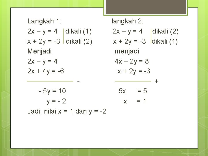 Langkah 1: langkah 2: 2 x – y = 4 dikali (1) 2 x