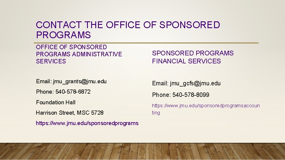 CONTACT THE OFFICE OF SPONSORED PROGRAMS ADMINISTRATIVE SERVICES SPONSORED PROGRAMS FINANCIAL SERVICES Email: jmu_grants@jmu.