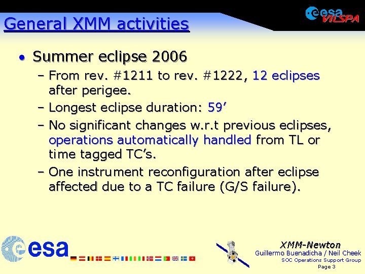General XMM activities · Summer eclipse 2006 – From rev. #1211 to rev. #1222,