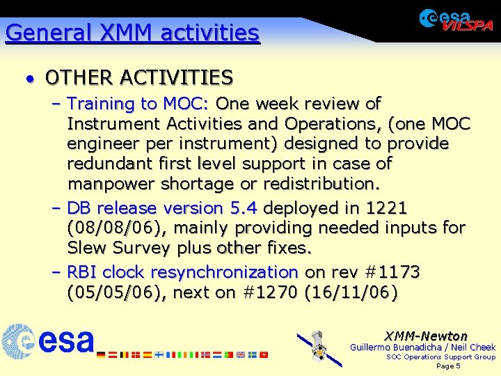 General XMM activities · OTHER ACTIVITIES – Training to MOC: One week review of
