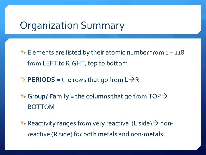 Organization Summary Elements are listed by their atomic number from 1 – 118 from