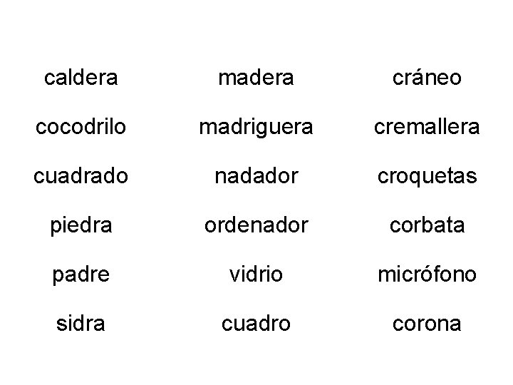 caldera madera cráneo cocodrilo madriguera cremallera cuadrado nadador croquetas piedra ordenador corbata padre vidrio