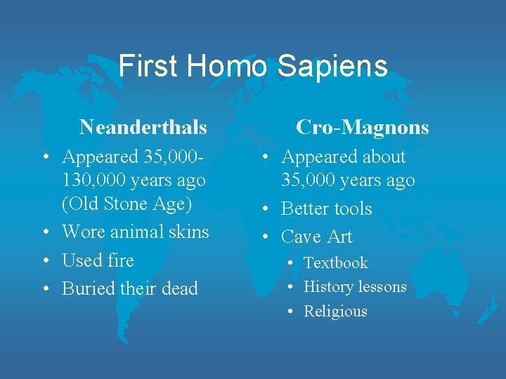 First Homo Sapiens Neanderthals • Appeared 35, 000130, 000 years ago (Old Stone Age)