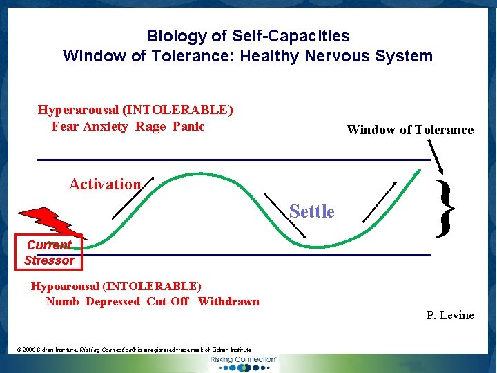 Biology of Self-Capacities Window of Tolerance: Healthy Nervous System Hyperarousal (INTOLERABLE) Fear Anxiety Rage