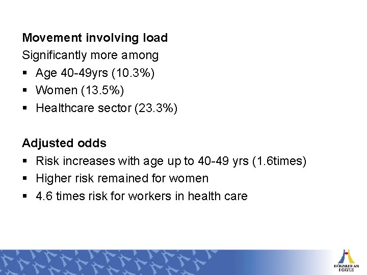 Movement involving load Significantly more among § Age 40 -49 yrs (10. 3%) §