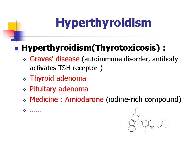 Hyperthyroidism n Hyperthyroidism(Thyrotoxicosis) : v v v Graves' disease (autoimmune disorder, antibody activates TSH Hyperthyroidism n Hyperthyroidism(Thyrotoxicosis) : v v v Graves' disease (autoimmune disorder, antibody activates TSH