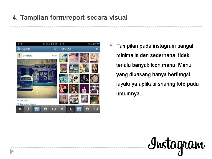 4. Tampilan form/report secara visual Tampilan pada instagram sangat minimalis dan sederhana, tidak terlalu