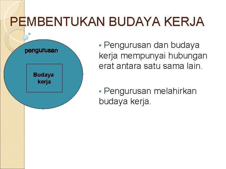 PEMBENTUKAN BUDAYA KERJA Pengurusan dan budaya kerja mempunyai hubungan erat antara satu sama lain.