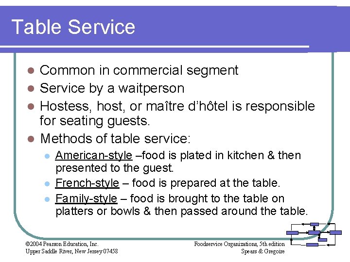 Table Service Common in commercial segment l Service by a waitperson l Hostess, host,