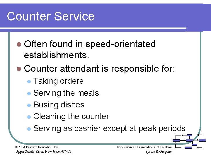 Counter Service l Often found in speed-orientated establishments. l Counter attendant is responsible for: