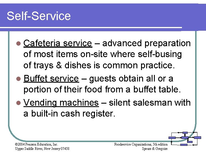 Self-Service l Cafeteria service – advanced preparation of most items on-site where self-busing of