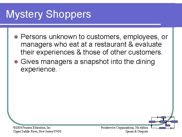 Mystery Shoppers Persons unknown to customers, employees, or managers who eat at a restaurant