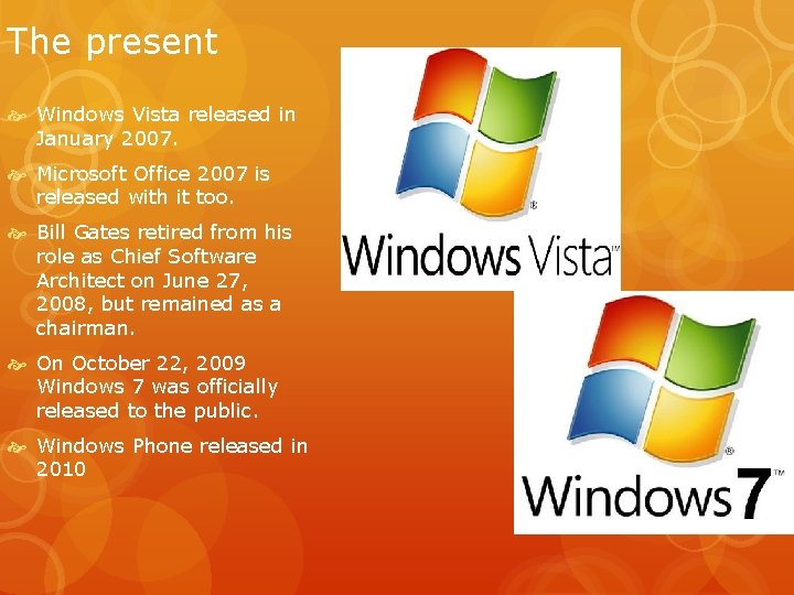 The present Windows Vista released in January 2007. Microsoft Office 2007 is released with