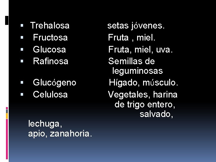  Trehalosa Fructosa Glucosa Rafinosa Glucógeno Celulosa lechuga, apio, zanahoria. setas jóvenes. Fruta ,