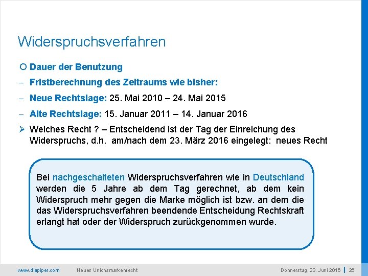 Widerspruchsverfahren Dauer der Benutzung - Fristberechnung des Zeitraums wie bisher: - Neue Rechtslage: 25.