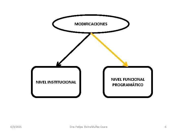 MODIFICACIONES NIVEL INSTITUCIONAL 6/3/2021 Dra. Felipa Elvira Muñoz Ccuro NIVEL FUNCIONAL PROGRAMÁTICO 6 