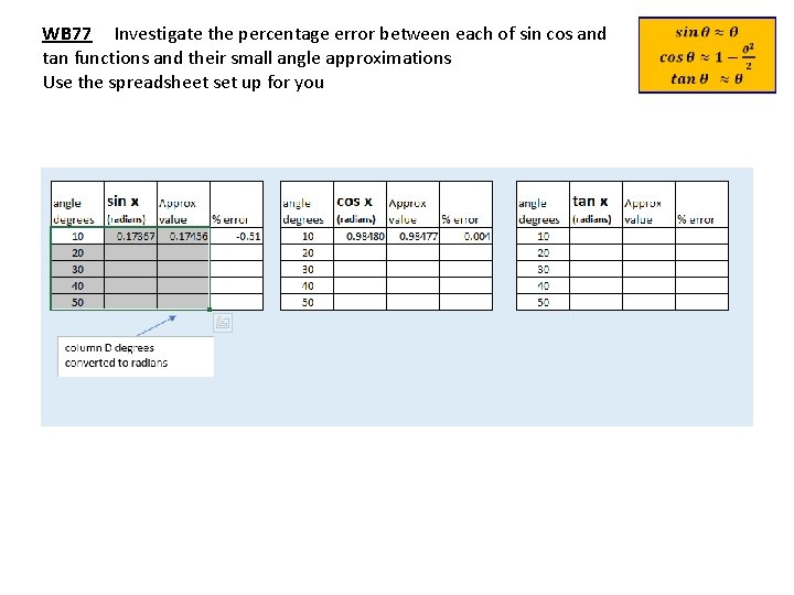 WB 77 Investigate the percentage error between each of sin cos and tan functions
