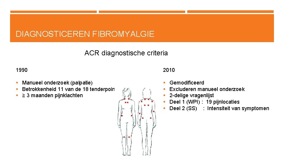 DIAGNOSTICEREN FIBROMYALGIE ACR diagnostische criteria 1990 2010 § Manueel onderzoek (palpatie) § Betrokkenheid 11