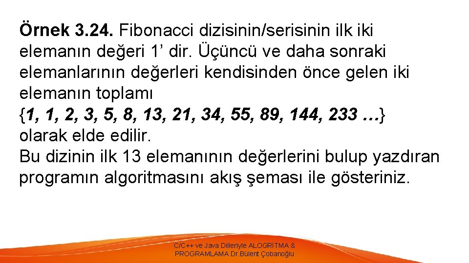 Örnek 3. 24. Fibonacci dizisinin/serisinin ilk iki elemanın değeri 1’ dir. Üçüncü ve daha