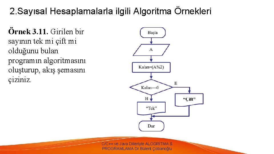 2. Sayısal Hesaplamalarla ilgili Algoritma Örnekleri Örnek 3. 11. Girilen bir sayının tek mi