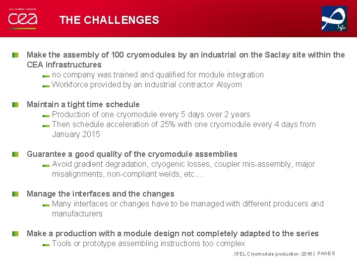 THE CHALLENGES Make the assembly of 100 cryomodules by an industrial on the Saclay