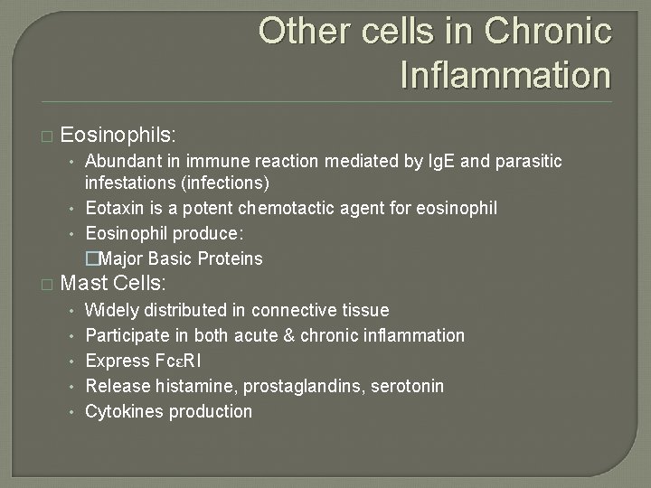 Other cells in Chronic Inflammation � Eosinophils: • Abundant in immune reaction mediated by Other cells in Chronic Inflammation � Eosinophils: • Abundant in immune reaction mediated by