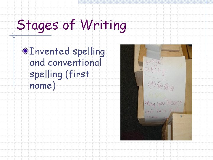 Stages of Writing Invented spelling and conventional spelling (first name) 