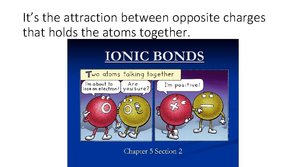 It’s the attraction between opposite charges that holds the atoms together. 