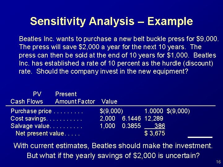 Sensitivity Analysis – Example Beatles Inc. wants to purchase a new belt buckle press