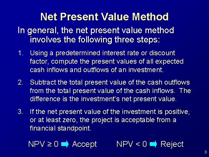 Net Present Value Method In general, the net present value method involves the following