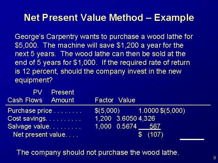 Net Present Value Method – Example George’s Carpentry wants to purchase a wood lathe