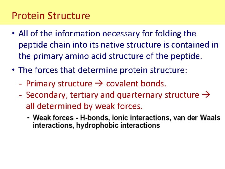 Protein Structure • All of the information necessary for folding the peptide chain into Protein Structure • All of the information necessary for folding the peptide chain into