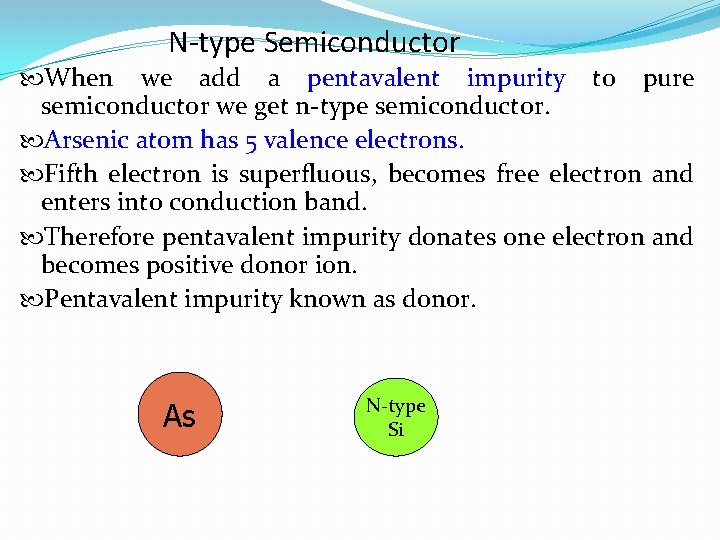 N-type Semiconductor When we add a pentavalent impurity to pure semiconductor we get n-type