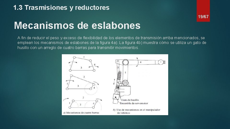 1. 3 Trasmisiones y reductores 19/67 Mecanismos de eslabones A fin de reducir el