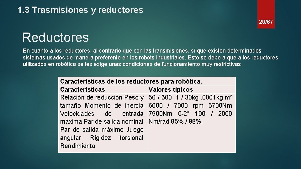 1. 3 Trasmisiones y reductores 20/67 Reductores En cuanto a los reductores, al contrario