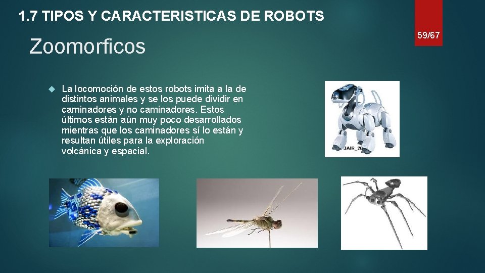 1. 7 TIPOS Y CARACTERISTICAS DE ROBOTS Zoomorficos La locomoción de estos robots imita