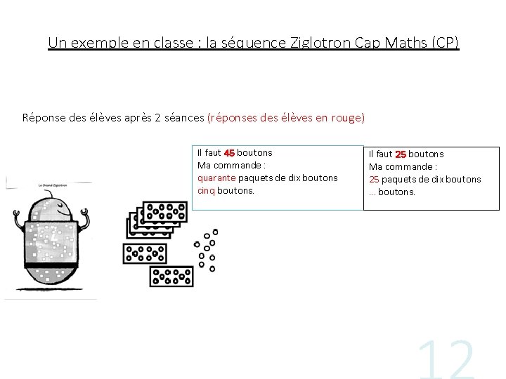 Un exemple en classe : la séquence Ziglotron Cap Maths (CP) Réponse des élèves