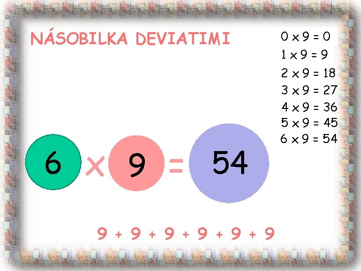 NÁSOBILKA DEVIATIMI 6 x 9 = 54 9 + 9 + 9 + 9