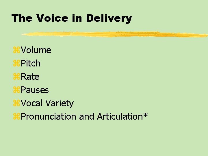 The Voice in Delivery z. Volume z. Pitch z. Rate z. Pauses z. Vocal