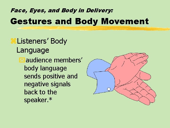 Face, Eyes, and Body in Delivery: Gestures and Body Movement z. Listeners’ Body Language