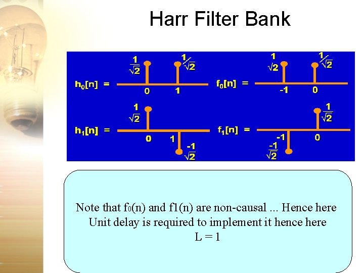 Harr Filter Bank Note that f 0(n) and f 1(n) are non-causal. . . Harr Filter Bank Note that f 0(n) and f 1(n) are non-causal. . .