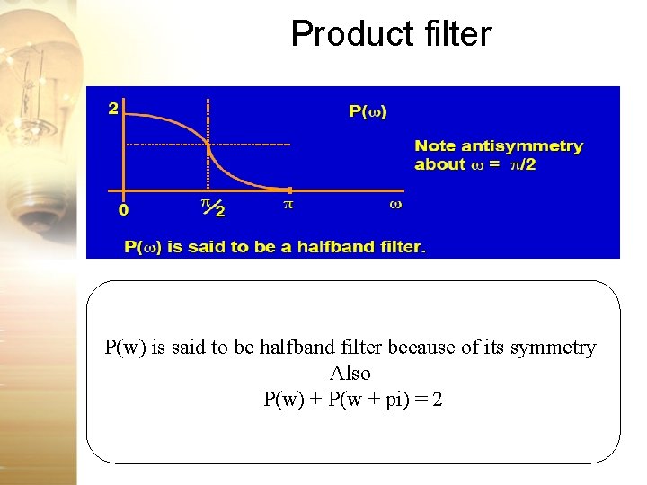 Product filter P(w) is said to be halfband filter because of its symmetry Also Product filter P(w) is said to be halfband filter because of its symmetry Also