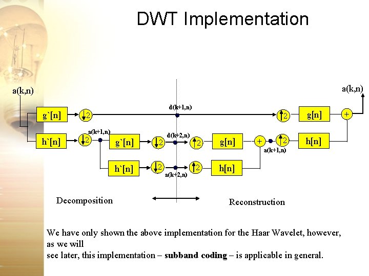DWT Implementation a(k, n) g`[n] d(k+1, n) 2 a(k+1, n) h`[n] 2 Decomposition g`[n]
