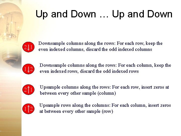 Up and Down … Up and Down 2 1 Downsample columns along the rows: Up and Down … Up and Down 2 1 Downsample columns along the rows: