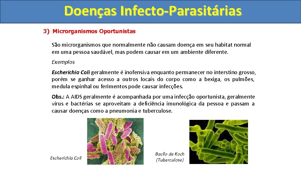 Doenças Infecto-Parasitárias 3) Microrganismos Oportunistas São microrganismos que normalmente não causam doença em seu