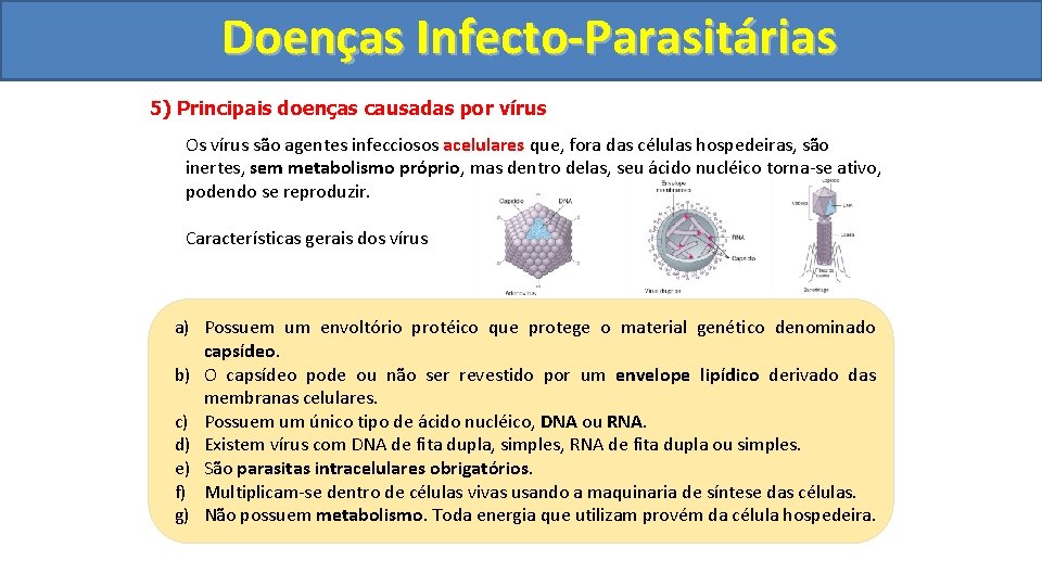 Doenças Infecto-Parasitárias 5) Principais doenças causadas por vírus Os vírus são agentes infecciosos acelulares