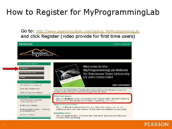 How to Register for My. Programming. Lab Go to: http: //www. pearsoncustom. com/ga/ksu_My. Programming.